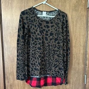 Miss Day Leopard Print Long Sleeve Top with Red Plaid Hem